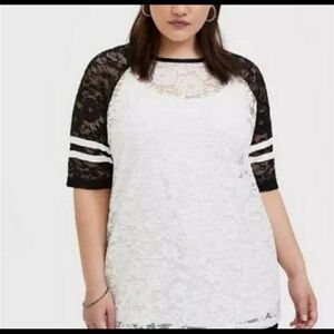 Torrid Lace baseball Sleeve Top - Black and White sheer (under shirt needed)